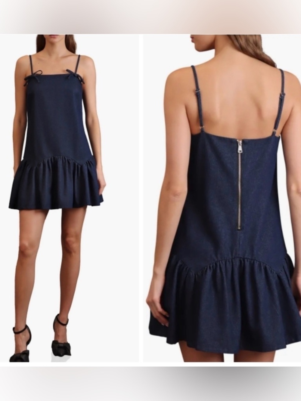 Avec Les Filles Denim Bow Strap Baby Doll Mini Dress NWT